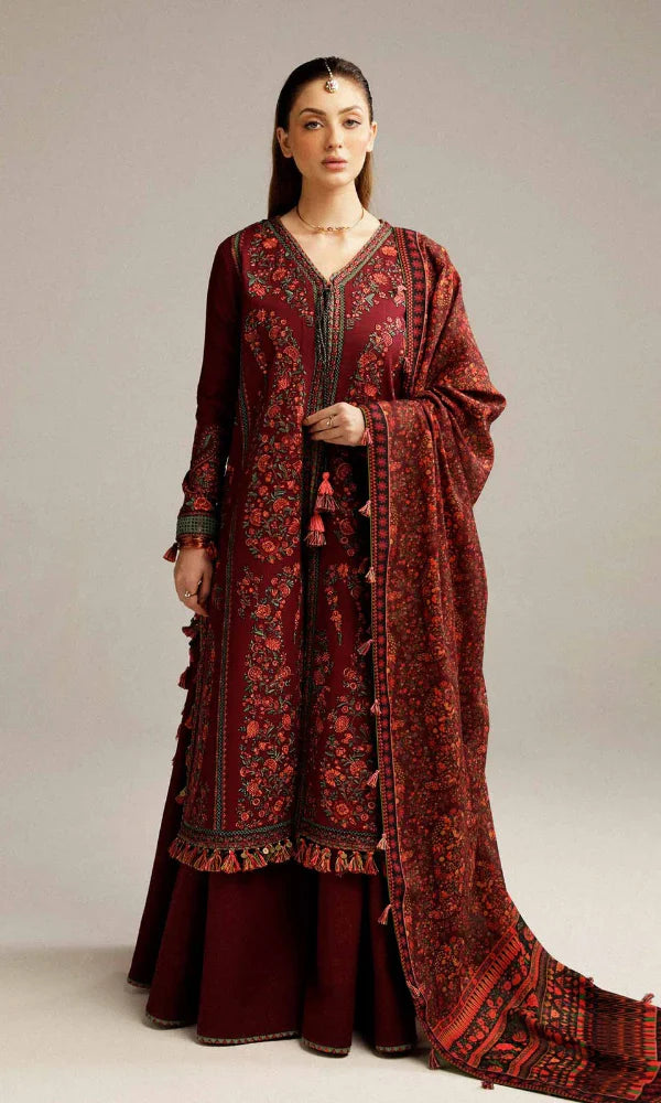 Hussain Rehar - 3PC Heavy Embroidered Dhanak Suit ( Printed Wool Shawl )