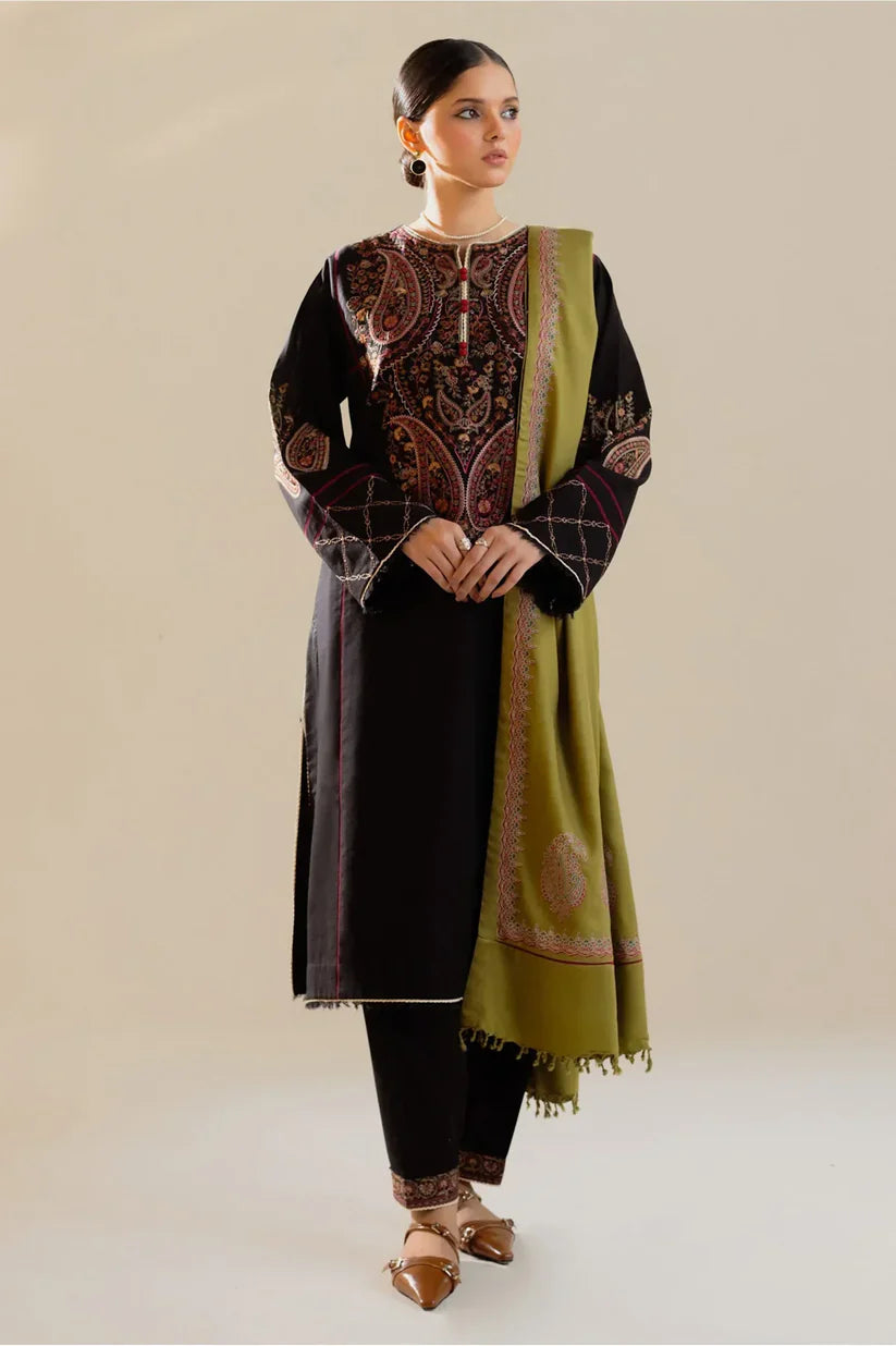 ZARA SHAH JAHAN - 3PC DHANAK EMBROIDERED SHIRT WITH TWILL PRINTED SHAWL AND TROUSER
