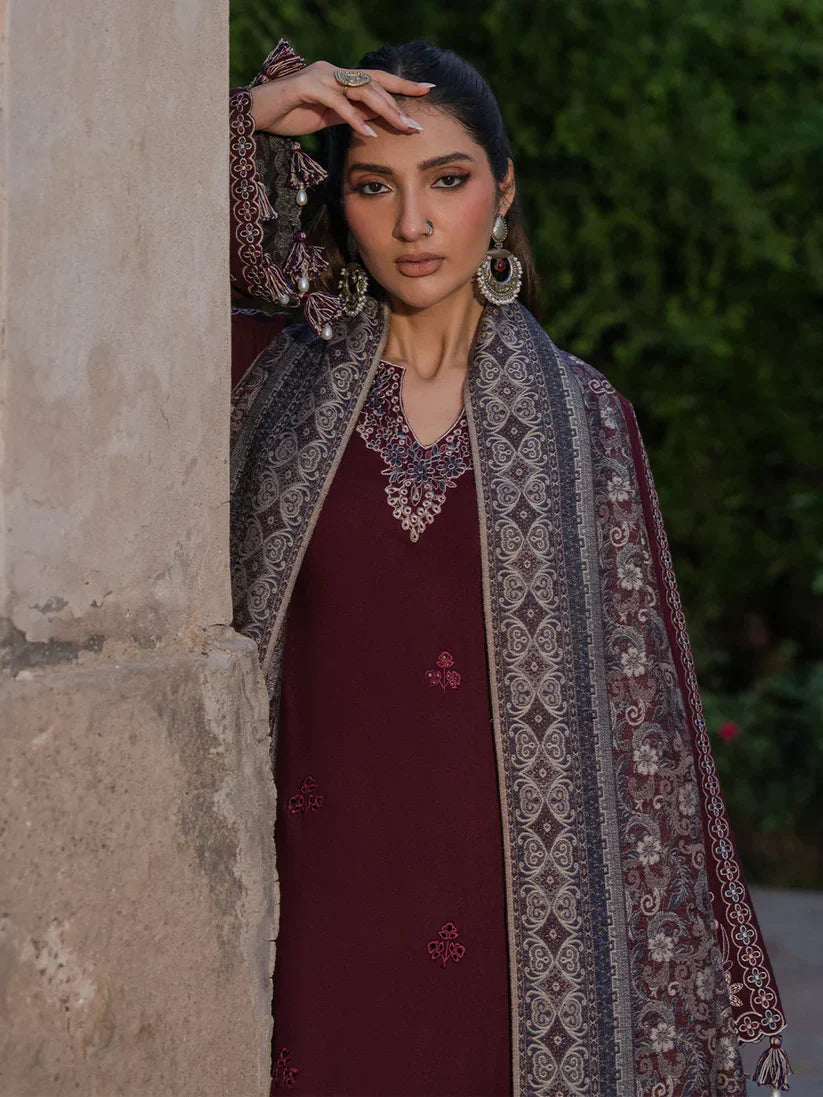 IZEL - 3PC DHANAK EMBROIDERED SHIRT WITH TWILL PRINTED SHAWL AND TROUSER