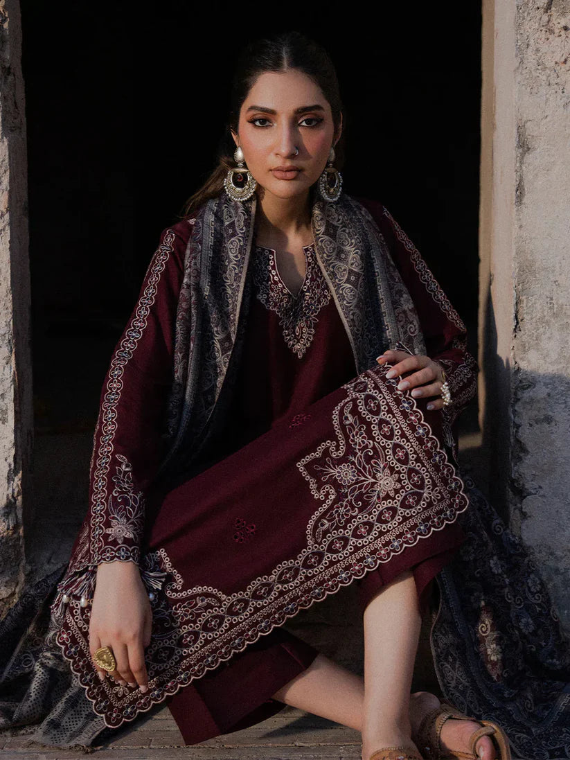 IZEL - 3PC DHANAK EMBROIDERED SHIRT WITH TWILL PRINTED SHAWL AND TROUSER