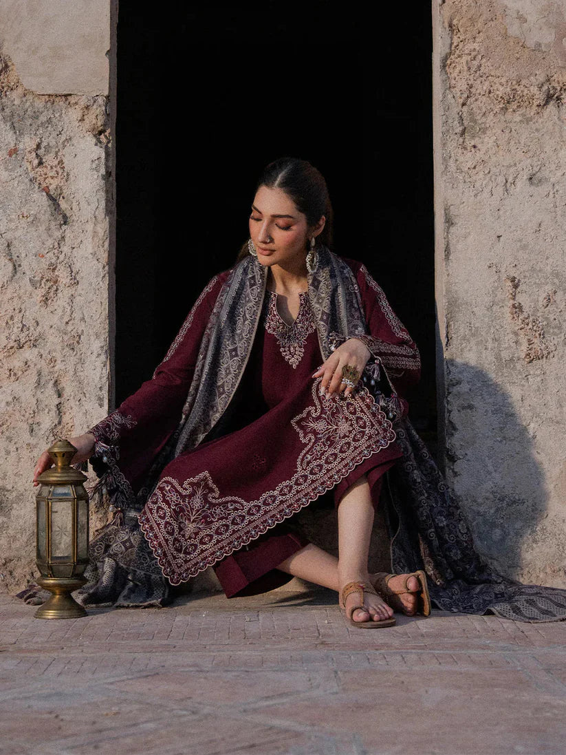 IZEL - 3PC DHANAK EMBROIDERED SHIRT WITH TWILL PRINTED SHAWL AND TROUSER