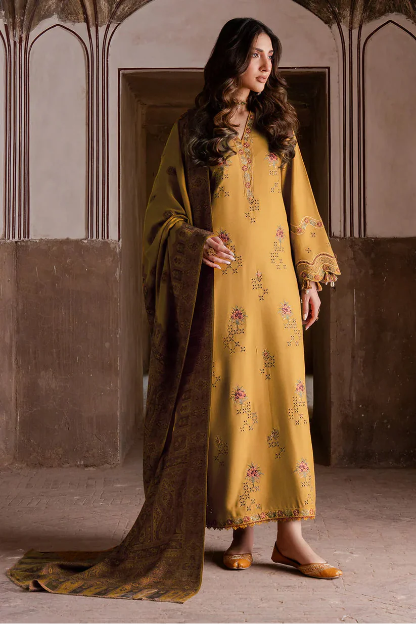 IZEL - 3PC KHADDAR EMBROIDERED SHIRT WITH TWILL PRINTED SHAWL AND TROUSER